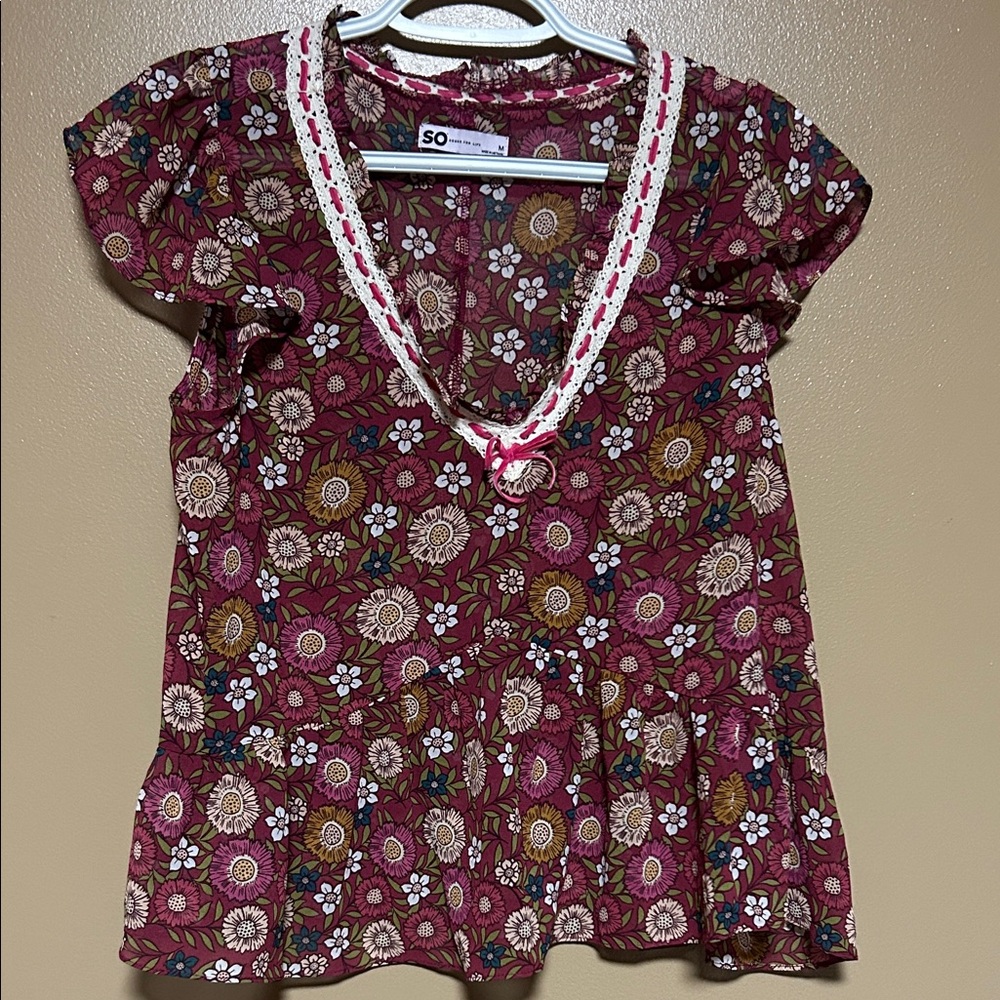 SO Burgundy Floral Blouse with Lace Detail